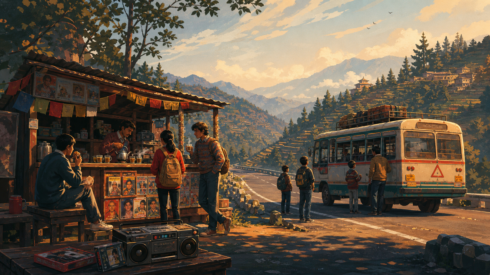 Painted Indian hill road with a cassette stall, chai stop, bus, travelers, and mountains at golden hour.